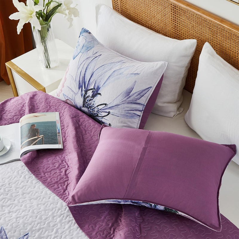 Yogeneg King Size Quilt Set  Elegant Floral Botanical Pattern Purple Bedding Set 3 Piece Lightweight Soft Summer Bedspread Coverlet with 2 PIillow Sham for All Season(Purple Floral 110""x96"") - Image 3